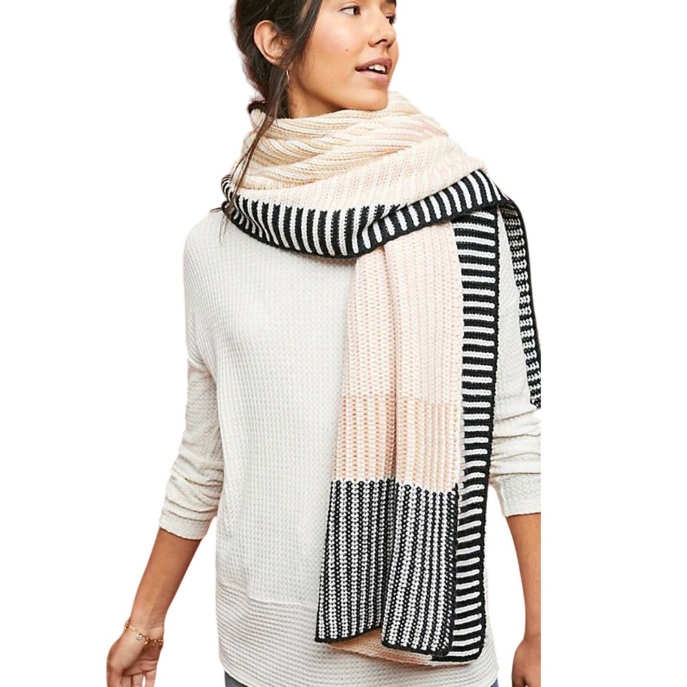 Caroline Kaufman Knit Scarf Cream Black Pink Stripe Patchwork Oversized NEW